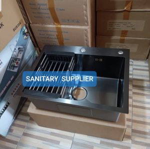 KITCHEN SINK 5243 BLACK LENGKAP KRAN KITCHEN SET MODEL ONAN 5040 KRAN TARIK/KRAN FLEXIBLE/KRAN PANTRY/BAK CUCI PIRING HITAM 1 LUBANG WASTAFEL CUCI PIRING HITAM