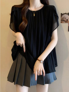 WANGGONGZHU | French Style Plus Size Short Sleeve Chiffon Shirt Women Summer New Fashion Belly Covering Loose Slimming Top Korean Version