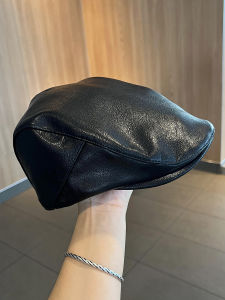 PU Leather Peaked Cap Female Autumn and Winter British Retro Reverse Wear Advance Hats Fashion Stylish Black Beret Men
