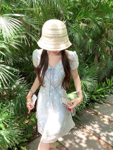 Elegant Lace Blue V-Neck Puff Sleeve Long Dress