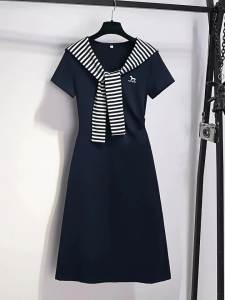 LANQIONG | Đầm Thanh Lịch Màu Xanh Navy Dây Đai Eo Trẻ Trung