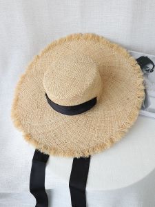 Elegant Large Brim Straw Hat Womens Summer French Style Sunshade Beach Holiday Ribbon Hat Stylish Gray Series for Ladies
