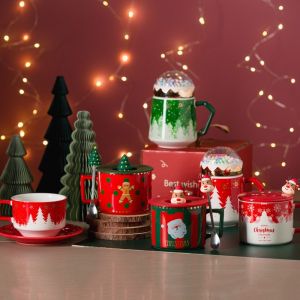 Trendy Christmas Gift Ceramic Cup Christmas Tree Series Good-looking Mug Couple Coffee Cup with Lid