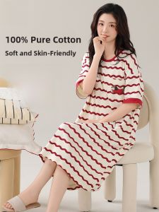 Miiow | Pure Cotton Short Sleeve Sleepwear Womens Loose Fit Summer Thin Dress Home Clothes Cat Woman Cartoon Print Round Neck Dress