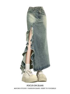 Retro American Wave เดนิม หางปลาครึ่ง กระโปรง ผู้หญิง ฤดูร้อน High Street เซ็กซี่ สูง เอว Body Shaping ความยาวปานกลาง กระโปรง