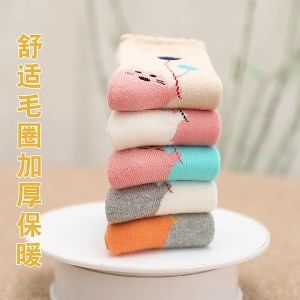 227Winter Girl Socks Thickened Thermal Pure Cotton for Children and Kids Thick Terry Fleece-lined Lace Baby Terry Sock Winter