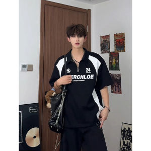 Áo Thun Polo American Half Zipper Short Sleeve Summer Color Block Collarball Style T-Shirt Heavy Shoulder Handsome Half Sleeve