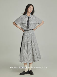 French Grey Plaid Short Sleeve Shirt Womens Summer New Commute Loose Casual Top Polo Collar Regular Length Cotton Polyester Blend