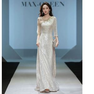 Elegant Silver Evening Gown for Women Host Chorus Ensemble Special Occasion Dress mid Waist a Line Skirt Zipper Back Style