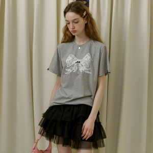 Gray Short Sleeve T-Shirt Womens round Neck Lace Butterfly Knot Design Summer New Style Commute Vintage Loose Fit Cotton Polyester Blend