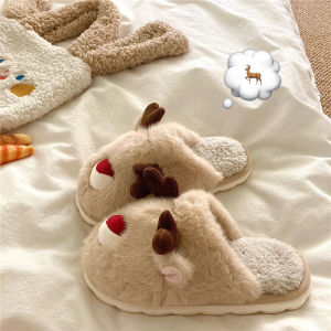 Norwegian Elk ~! Cute Ins Fleece-lined Baotou Cotton Slippers Female Winter Home Indoor Non Slip Hairy Slippers