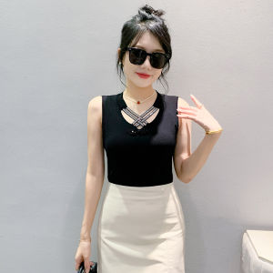 REHIN Summer Mesh Sleeveless T-shirt with Hollow-Out Neckline and Rhinestone Leopard Print Elegant Design Womens Top