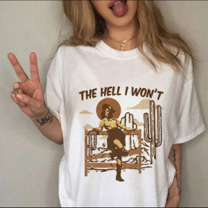 Womens T-shirt Western Cowboy Cartoon Letter Print Funny Cute Short Sleeve Ladies Fashion Casual Summer Womens T-shirt Graphic