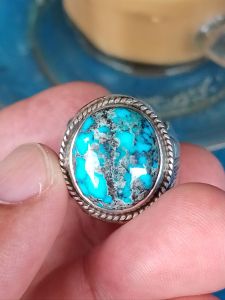 CINCIN BATU PIRUS PERSIA BIRU PANCI MOTIF GARIS YIN-YANG NATURAL RING PERAK