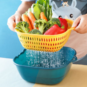 Baskom Dan Saringan Plastik Cuci Buah Sayuran Double Layer 3 PCS Macroupta - 7CHZ8HEW