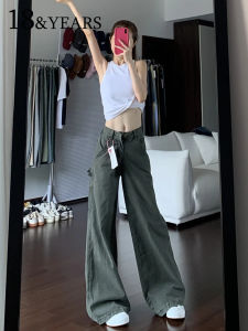 Military Green American Style Wide Leg Workwear Jeans Womens High Waist Slimming Loose Fit Trousers Casual Wear Denim
