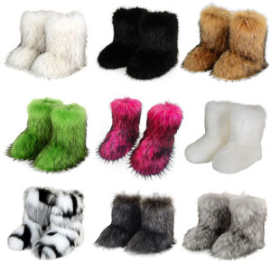 MOJOYCE Womens Fuzzy Faux Fur Boots Mid-Calf Winter Shoes Outdoor Flat Shoes Cozy Warm Footwear for Snow and Cold