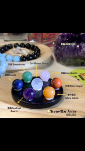 水晶七星阵能量布局 | Crystal Seven-Star Grid ✨ 由 白水晶 Clear Quartz、紫晶 Amethyst、粉晶 Rose Quartz、黄方解石 Yellow Calcite、东陵玉 Aventurine、红碧玉 Red Jasper、蓝晶 Kyanite 七种天然晶石组合而成。七星阵底盘是天然黑曜石(Obsidian)