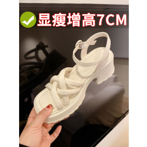 Womens Summer Outdoor Sandals Cross Band Roman Style Thick Heel Silver Color Exposure Toe Casual Shoes Korean Style Low Cut