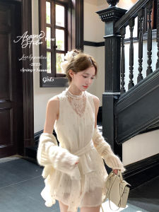 Mid-Length Waist-Cinching Lace Cutout Embroidery Polka Dot Dress Summer