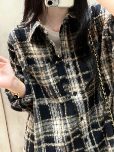 Chic Unique Plaid Shirt Womens Loose Slimming Long Sleeve Top Mid-Length Fashionable Outerwear Korean Style Commute Wind