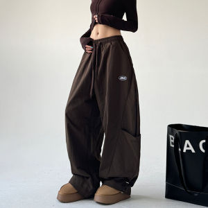 American Retro Brown Knife Edge Cargo Pants Womens Spring Summer Straight Leg Wide Leg Casual Long Trousers Street Style