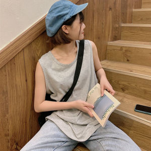 Pure ผ้าฝ้าย กีฬา เสื้อสายเดี่ยว เสื้อกล้าม เสื้อกั๊ก แขนกุด เสื้อยืดผู้หญิง ฤดูร้อน หลวม คอแขวนเครื่องแต่งกายส่วนบนสไตล์ฮ่องกง