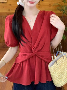 Shalldoer | Red V-neck Short-sleeved Shirt Womens Knot Waist Slimming Top Casual Loose Fit Summer Anti-aging Doll Shirt Fashionable