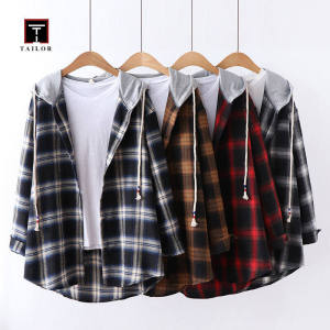 TAILOR Spring And Autumn Mens Hoodie Plaid Hooded Long-sleeved Shirt Loose Jacket Korean Version