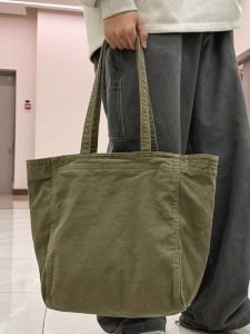 Large Capacity Canvas Tote Bag Women Casual Shopping Bag Single Shoulder Bag Retro Style Double Zipper Soft Handbag Pure Color