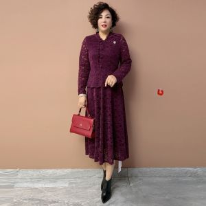 ชุดเดรสยาวคลุมเข่าผ้ากำมะหยี่สีแดงแฟชั่นฤดูใบไม้ร่วง/ฤดูหนาว กระโปรงทรงเอ คอวี แขนยาว ชุดสองชิ้นปลอม