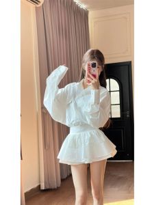 Anti-Wrinkle Long Sleeve Shirt High Waist Short Skirt Two-Piece Set White Womens Fashionable Autumn 2025 Premium Atmosphere