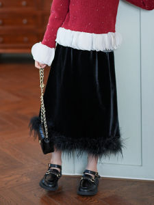 Velvet Skirt for Girls Spring Autumn Original Design Half-length A-line Midi Skirt with Fringe Splicing Pure Color Childrens Clothing