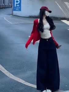 กางเกงยีนส์ขากว้างเอวสูงทรงหลวมสำหรับผู้หญิง สไตล์สตรีทอเมริกัน กางเกงขายาวทรงหลวม กางเกงขายาวทรงเข้ารูป ทรงหลวม กางเกงยีนส์ขากว้าง