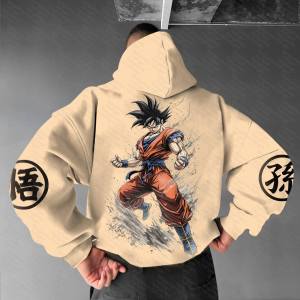 DRAGON BALL Goku Khaki Hoodie Men Women Anime Character Print Pullover with Japanese Kanji Sleeve Design and Chest Logo Casual