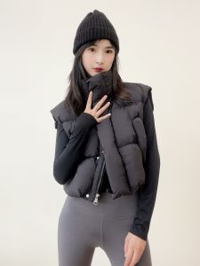 Womens Short Puffer Vest Stand Collar Bread Coat American Style Warm Fashion High Waist Autumn Winter New Arrival Zipper Closure