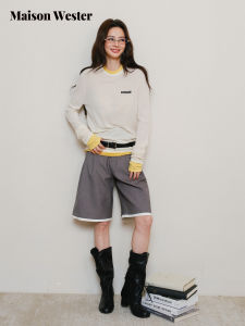 Maison Wester High Waist Pleated Midi Straight Leg Pants Shorts White Edge New Autumn 2025 Casual Cotton Polyester Blend