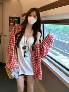 Áo Sơ Mi Dài Tay Kẻ Caro Màu Đỏ Dáng Rộng Thoải Mái Cho Nữ Mùa Thu Phong Cách Mỹ Cổ Polo Nút