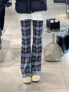 กางเกงขายาวทรงหลวมเอวสูงลายสก็อตสีน้ำเงิน กางเกงขายาวทรงหลวมสไตล์ย้อนยุคสไตล์อเมริกันสำหรับผู้หญิง กางเกงขายาวทรงหัวม้าสำหรับฤดูใบไม้ผลิ ฤดูใบไม้ร่วง ฤดูหนาว