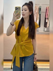 BINKAFENNY | Slimming V-Neck T-Shirt Womens Short Sleeve Knot Design Korean Style Commute Fashion Plus Size Unique Personality Summer Top