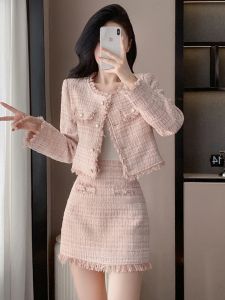 สีชมพู เรียบหรู Lady Style High เอว ชุดสองชิ้น โพลีเอสเตอร์ แขนยาวติดกระดุม พรางหุ่น กระโปรง และ เสื้อแจ็คเก็ต ฤดูใบไม้ร่วง แฟชั่น ผู้หญิง Ensemble