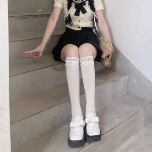 🤍beauty shoes🤍ถุงน่องลูกไม้บาง โบว์กำมะหยี่สีขาว ถุงเท้าสูงเหนือเข่าหวาน JK ญี่ปุ่น ถุงเท้าระบายอากาศในฤดูร้อน การจัดส่งรวดเร็วมาก