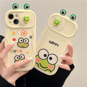 CrashStar Slide Camera Protection Cute Frog Silicone Soft Phone Case For iPhone 15 Pro Max 14 Pro Max 13 Pro Max 12 Pro Max 11 Shockproof Cream Border Phone Casing Cover With Full Cover Lens Camera Protection Hot Sale