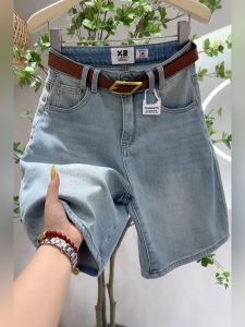 Quần Short Denim Xanh Cổ Điển Cho Nữ 2025 Quần Short Denim Ống Rộng Thẳng Mới Quần Short Cotton Co Giãn Mùa Hè Cạp Cao
