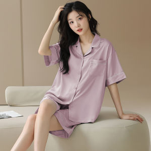 Miiow | Ice Silk Womens Sleepwear Summer Thin Short Sleeve Shorts Set Can Be Worn Outside Two-Piece Home Clothes Polyester Fiber