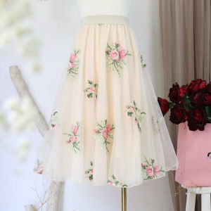Elegant Chinese Style Mid-Length A-Line Skirt with Embroidery And Mesh High Waist Fresh Style Floral Patterned Half Skirt
