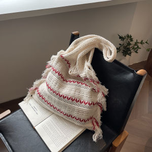 Knitted Straw Basket Large Capacity Hollow out Beach Style Commuter Bag Womens Tote Bag Summer 2024 Trend Handwoven Fabric