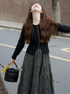 Hebden Style Floral Print Long Dress Set Womens High Waist Gown Black Elegant Autumn Fashion Two-Piece Suit Gentle Wind