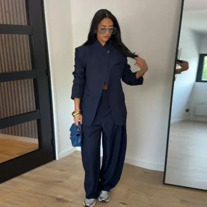 Stand Collar Single Button Women Suits Long Sleeve High Street Loose Pockets Wide Leg Pant 2026 Autumn Solid Fashion Female Sets