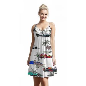 Jumeast Car Pattern Women Fashion Button Sling Dress Palm Tree 3D Printed Beach Elegant Skirt Tropical Hawaiian Casual Green Clothing